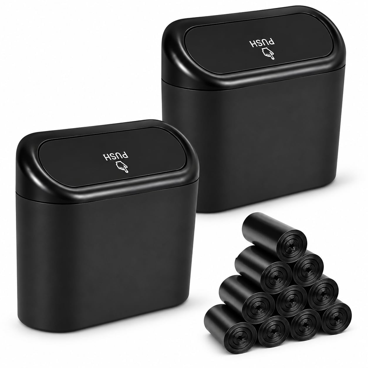 Lot de 2 mini poubelles de voiture avec couvercle, 1,4 L, avec 150 sacs poubelle inclus, pour l'avant, l'arrière et le bureau