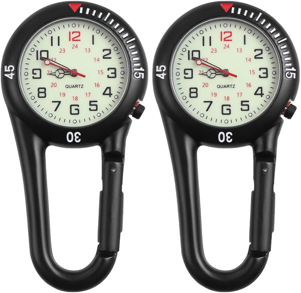 Veemoon Reloj de enfermera con clip en 2 piezas, reloj de cuarzo para camping, mochila, cinturón con esfera fluorescente (negro)