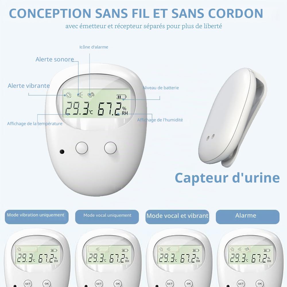 Alarme Stop Pipi Sans Fil, Rechargeable par USB, 3 Modes D'alarme, Sans Fil Alarme Stop Pipi Enfant et Personnes âgées, Alarme Pipi Stop Sans Fil pour Détecter L'incontinence Urinaire