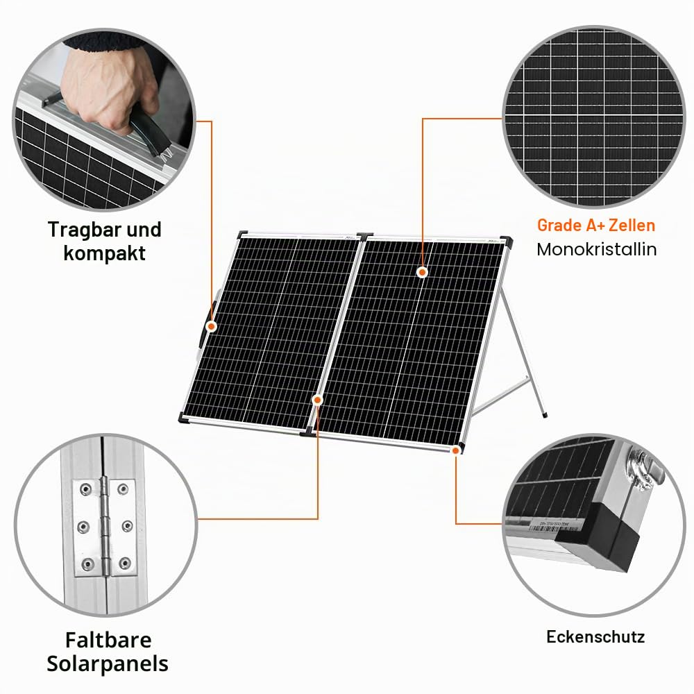 DOKIO Solarkoffer 100W 18V mit Solar-Laderegler (2 USB-Ports) Für 12V Batterie Inklusive Transporttasche