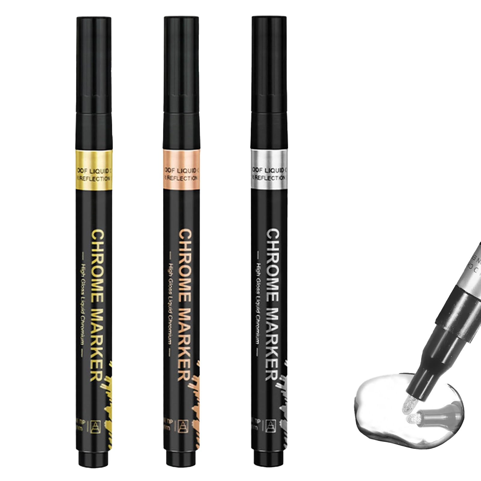 3 PCS Chrome Paint for Metal, 0.7mm Metallic Chrome Paint Marker Pens, Chrome Paint Pen, Silver Metal Paint, Gold Paint Pen, High Gloss, Durable and Waterproof, For Models,Resin Crafts and Paintings