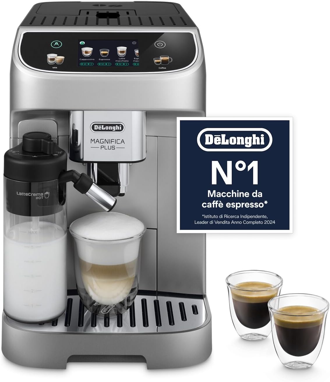 De’Longhi Magnifica Plus – Perfetto Macchina da Caffè Automatica, LatteCrema Montalatte Automatico, 18 Bevande in un Solo Tocco, Display Touch a Colori, Argento e Nero (ECAM322.70.SB)