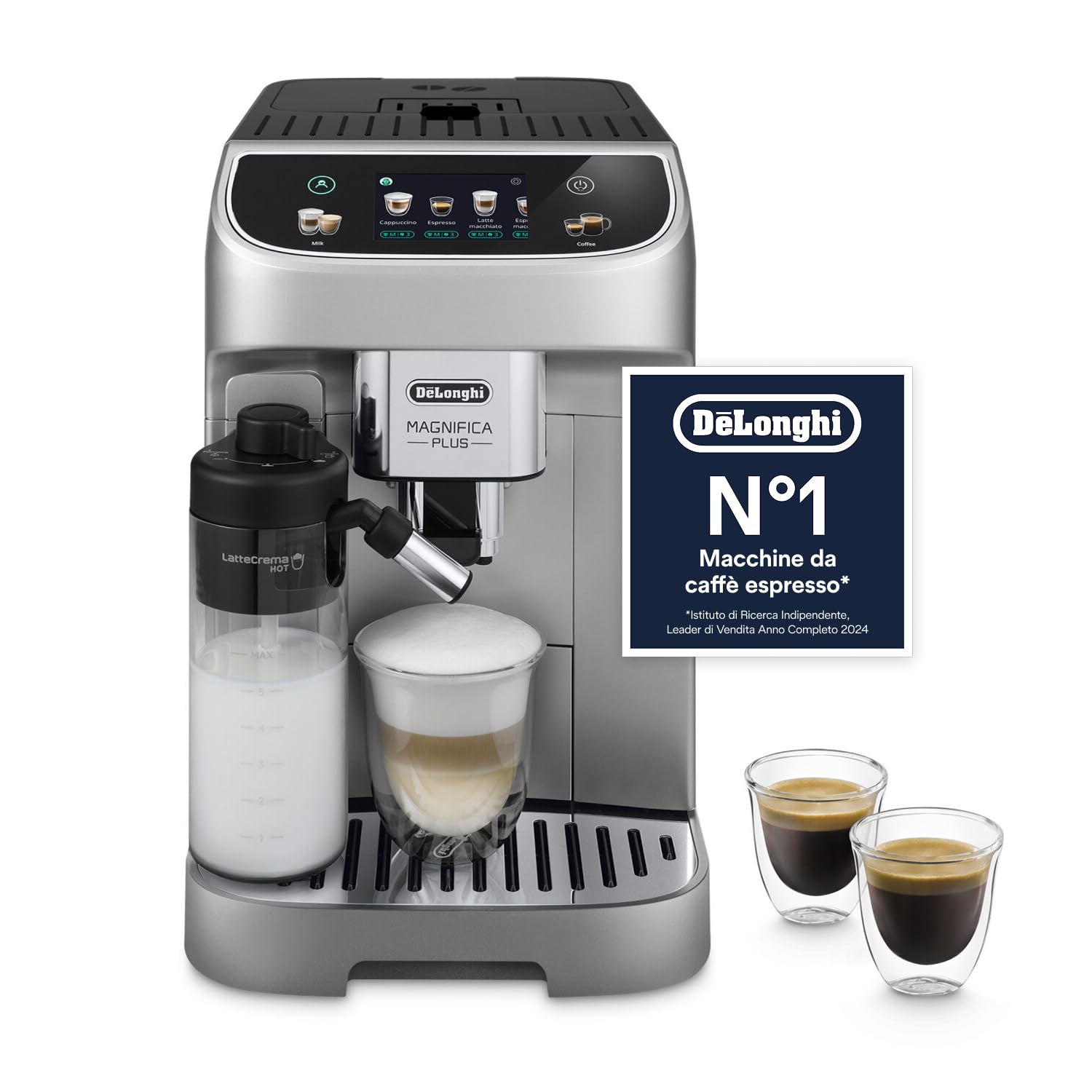 De’Longhi Magnifica Plus – Perfetto Macchina da Caffè Automatica, LatteCrema Montalatte Automatico, 18 Bevande in un Solo Tocco, Display Touch a Colori, Argento e Nero (ECAM322.70.SB)