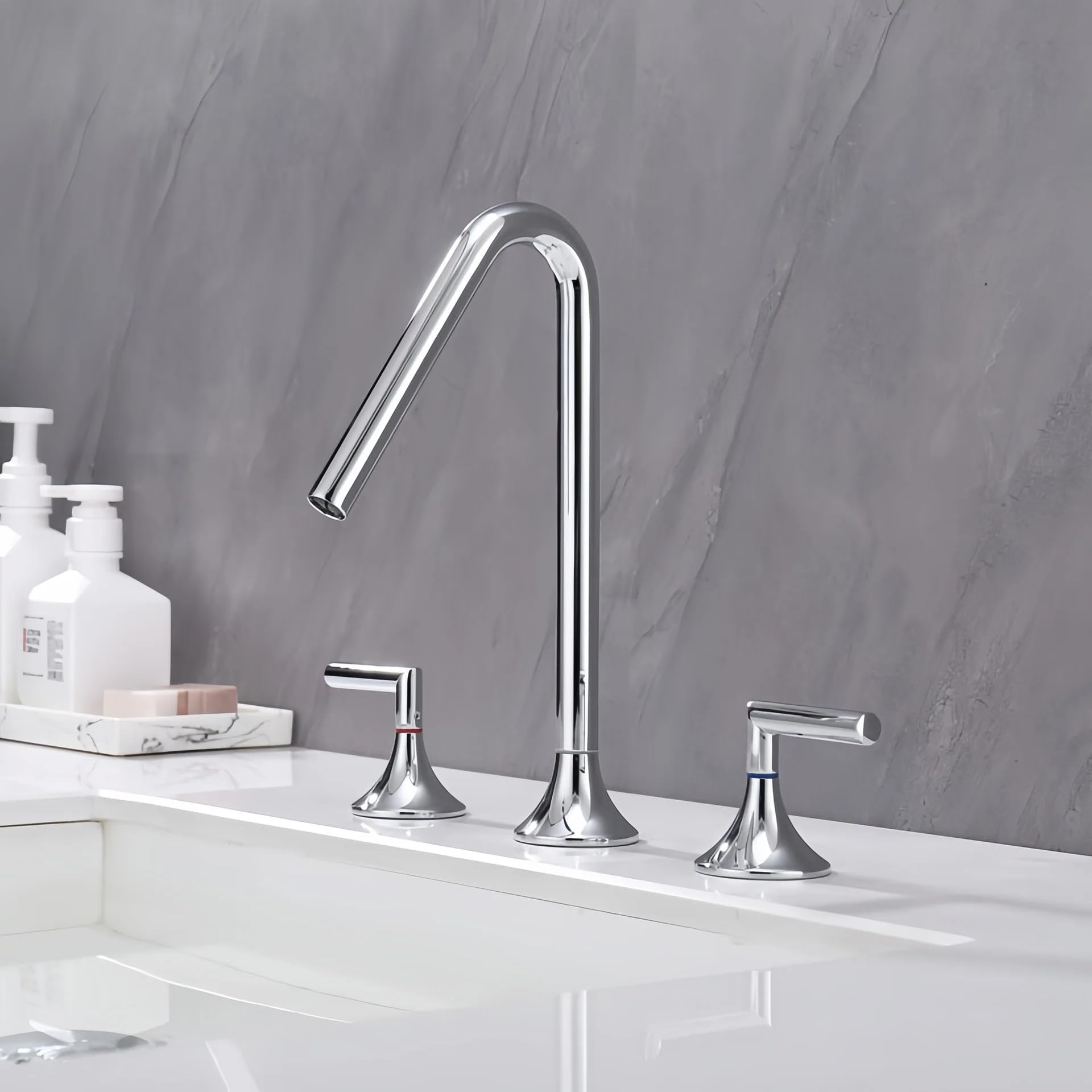 Grifo de baño de 3 orificios en latón macizo y diseño dividido cromado