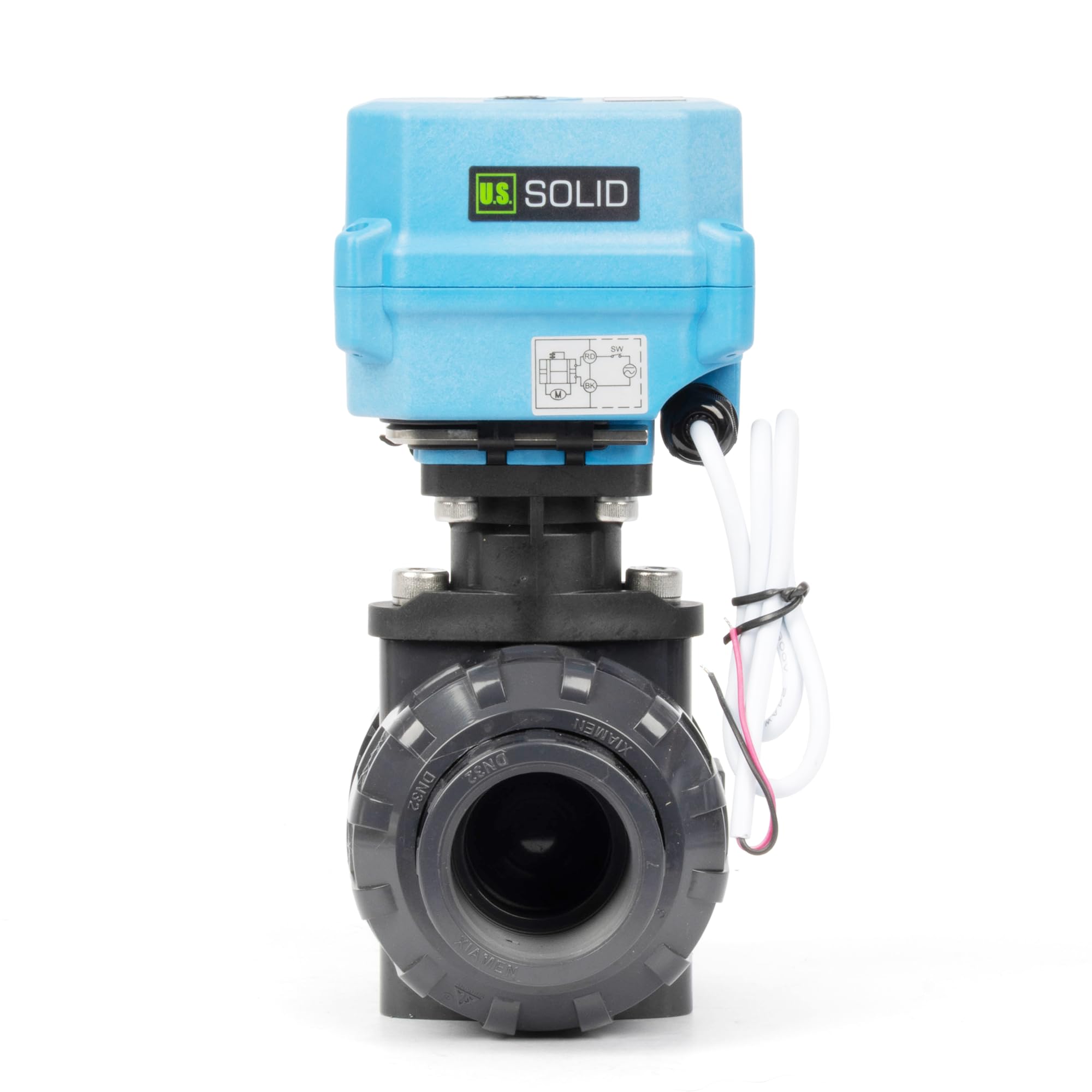 U.S. Solid 1 1/4" UPVC Elektrischer Kugelhahn, G-Gewinde, 9–24 V AC/DC, 2-Draht-Auto-Rücklauf, IP67, stromlos geschlossen mit manuellem Reset für Wasser und Luftsysteme