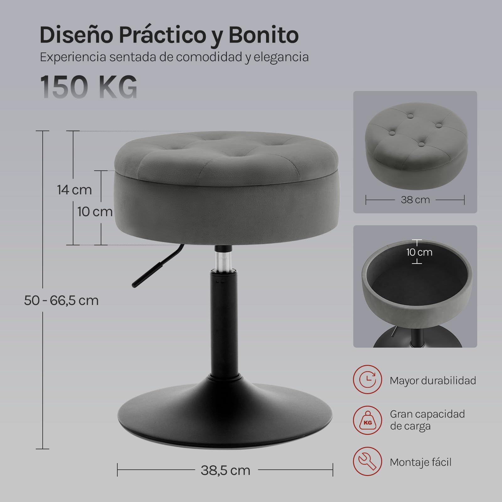 WOLTU Taburetes de Tocador, Tapa Extraible, Gris Oscuro