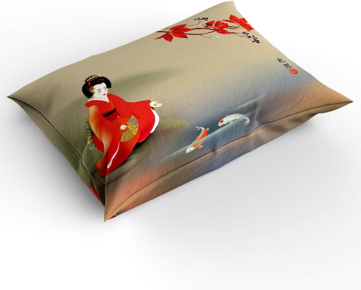 Buу 2 gеt 3 Duvet Cover Set Printed 4 Pcs Bedding Set King Size Include Duvet Cover, Bed Sheet, Pillow Shams Late Autumn Red Dress Japanese Geisha Feeding Koi with Bait Soft Quilt Sets for Children/Adults