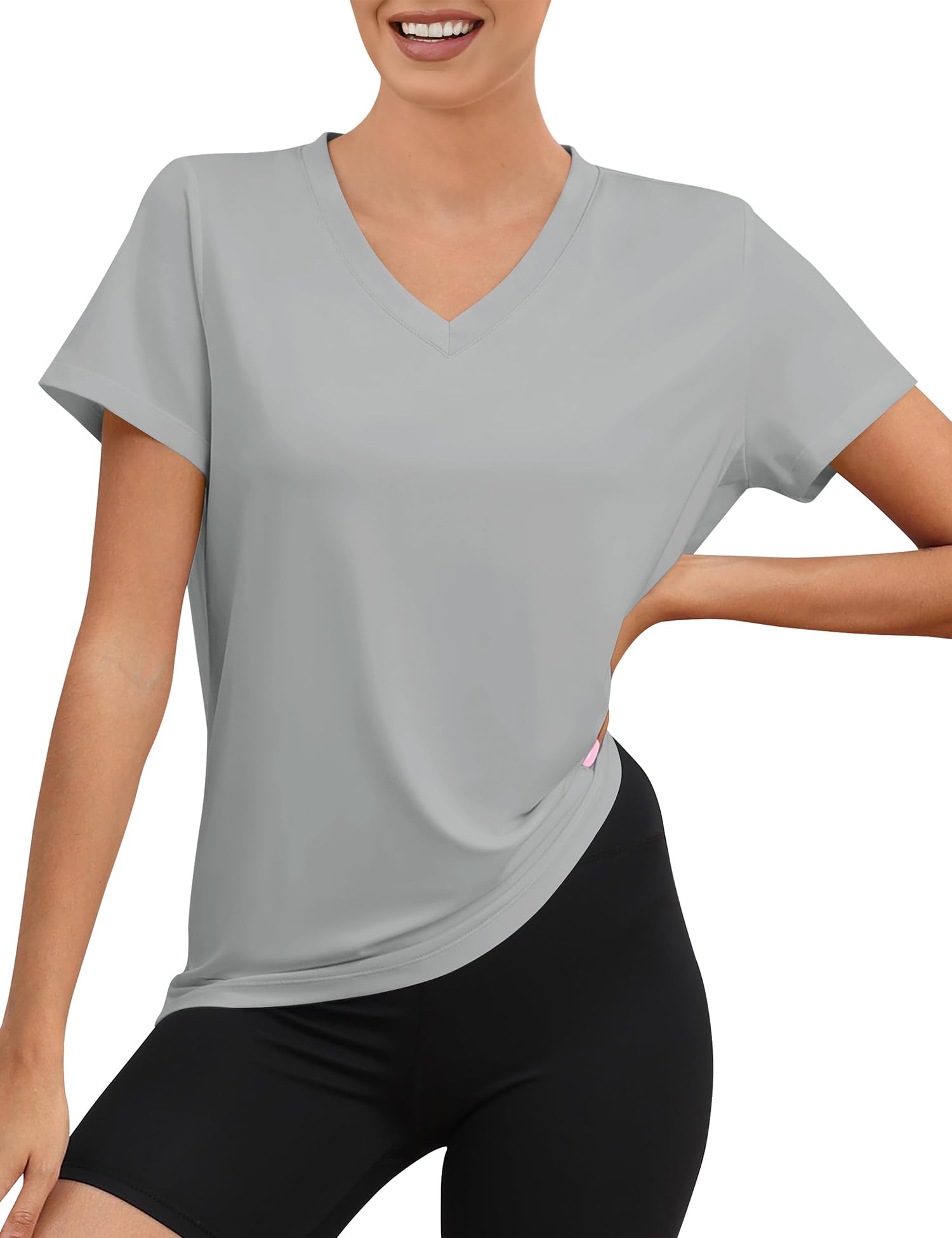 Rapbin Damen V Ausschnitt Sportshirt Kurzarm, UPF 50+ Leichtes Atmungsaktiv Trocken Funktions Sport Oberteile für Fitness Laufshirt Yoga