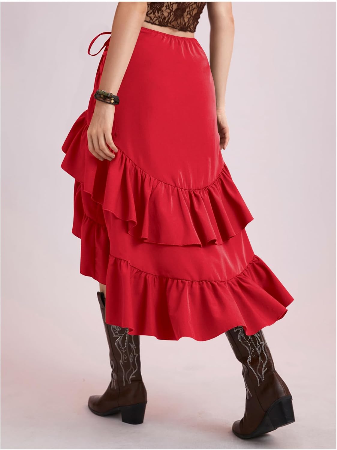 MakeMeChic Women's Asymmetrical Ruffle Wrap Midi Skirts Western Cowgirl Skirts Flowy Drawstring High Low Skirts