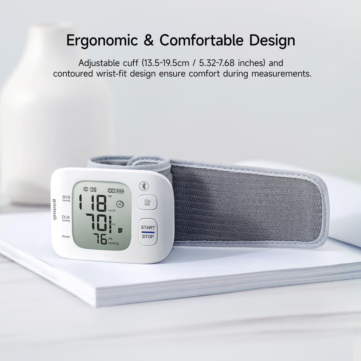 yuwell Rechargeable Wrist Blood Pressure Monitors for Home Use, Large Wrist Cuff with Irregular Heartbeat, with Bluetooth Wireless Technology to Healthcare+ App for Unlimited Free Measurements