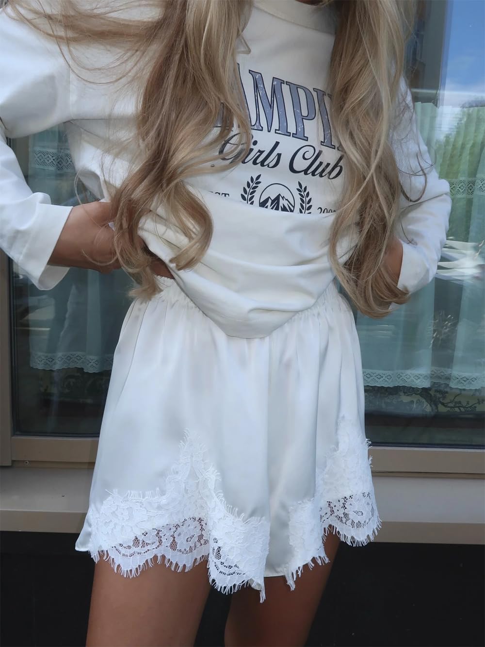 Womens Lace Trim Satin Shorts Low Waist Wide Leg Lounge Pj Boxer Shorts Lace Patchwork Silk Pettipants Slip Bottoms - Image 4