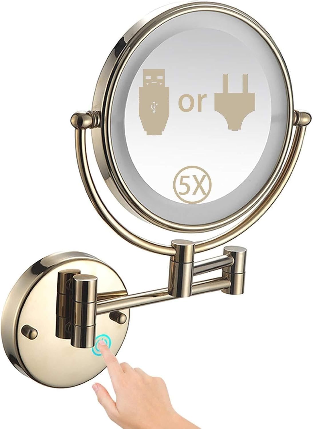 Wall Mounted Makeup Mirror 5X Magnification with Lights,360Swivel and Extendable Vanity Mirror Double Sided Bathroom Mirror Shaving Mirrors for Shower Fog Free - Goldusb Rechargeable