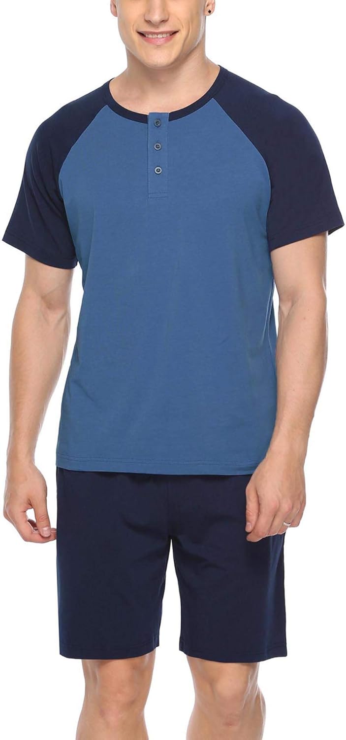 iClosam Mens Cotton Short Sleeve Pajama Sets Super Soft Sleepwear Lounge Set Blue