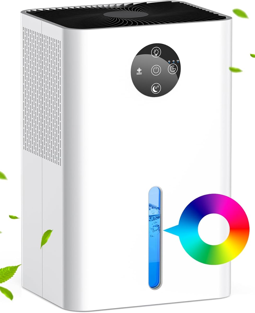 Quiet Dehumidifier for home, 60 OZ Dehumidifiers with Auto Shutoff, Dehumidifiers for Basement, Bedroom,Bathroom, Dehumidifier for RV, 7 Colors LED Light, Sleep Mode,Timer(1800ML）- White