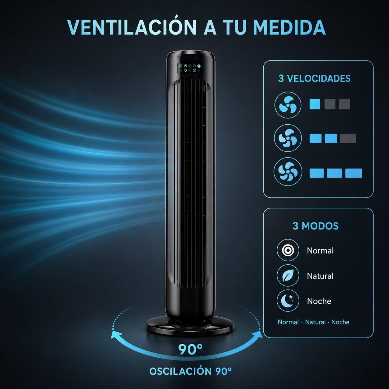 Ventilador de Torre 74 cm y 45 W, Negro