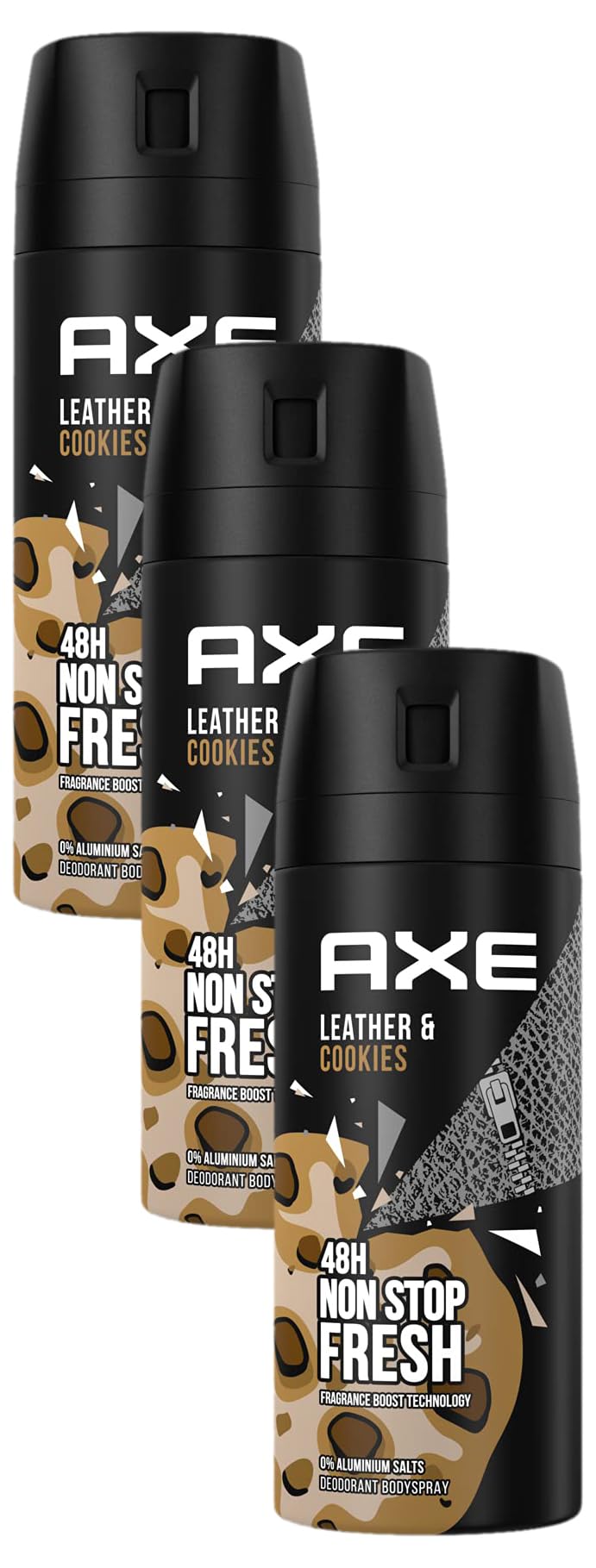 Axe Bodyspray Leather & Cookies Deo ohne Aluminium sorgt 48 Stunden lang für effektiven Schutz vor Körpergeruch 150 ml (Packung mit 3)