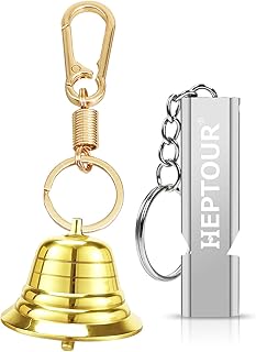 Loud Bear Bell with Emergency Whistle Set for Hikers, Solid Brass Bear Bells with Silencer，Emergency Whistles and Carabiner for Hiking/Survival/Camping/Climbing/Boating