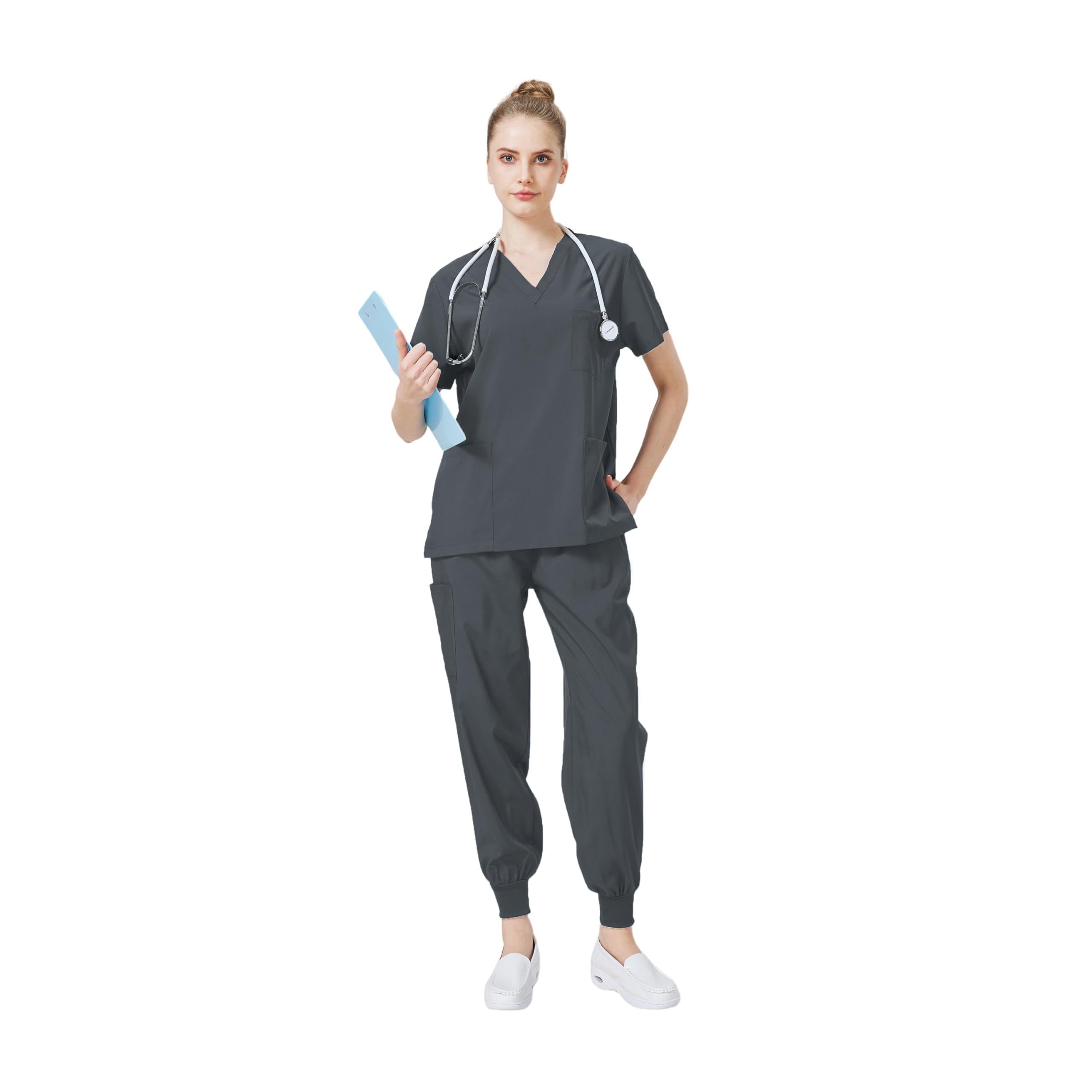 ThreeH Zestaw do szorowania medycznego, damska koszula robocza ze stretchem i spodnie do joggingu ze stretchem