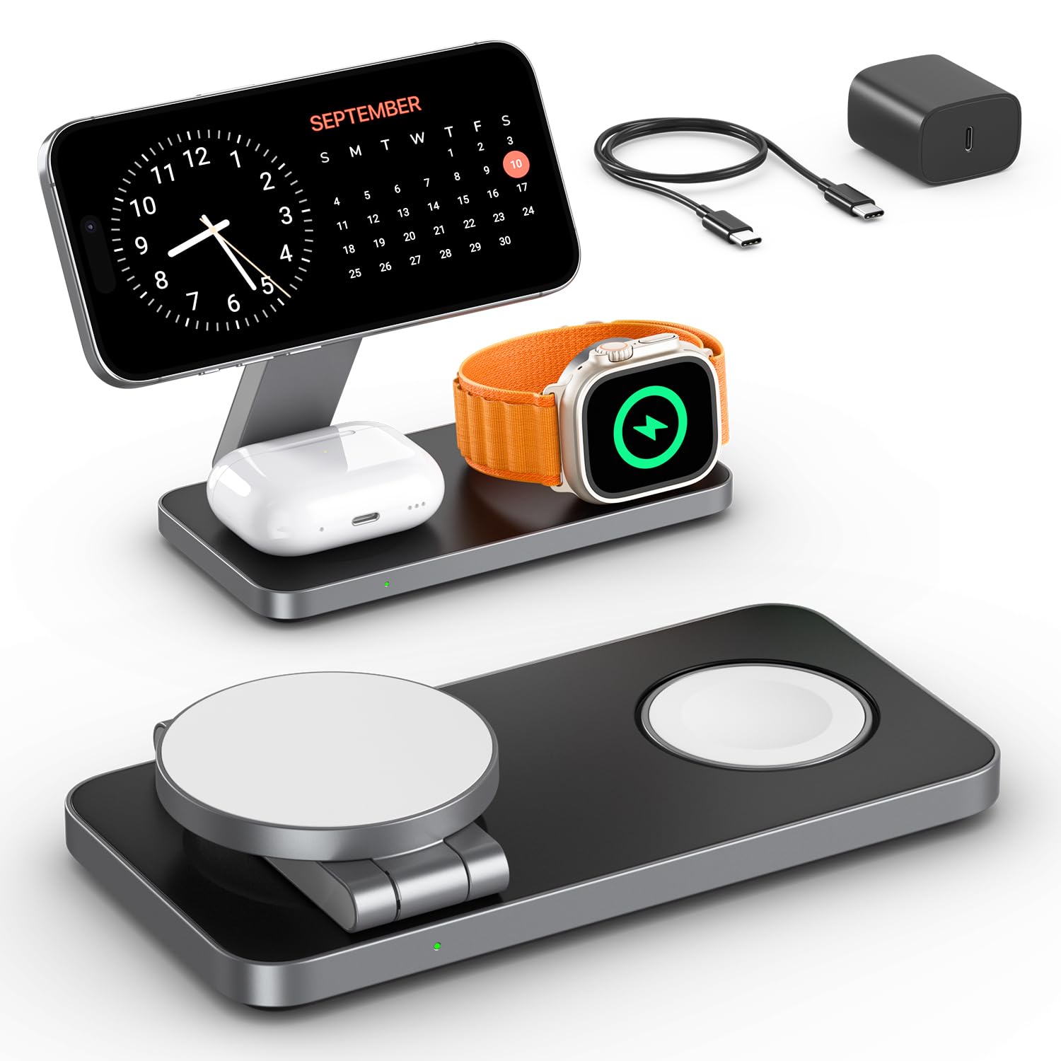 Caricatore Wireless per iPhone con Mag-Safe, 3 in 1 stazione di ricarica per Apple Pieghevole Inductive Wireless Charger per iPhone 16 15 14 13 12, Apple Watch 10/9/8/7/6/SE/5/4/3/, per AirPods Pro