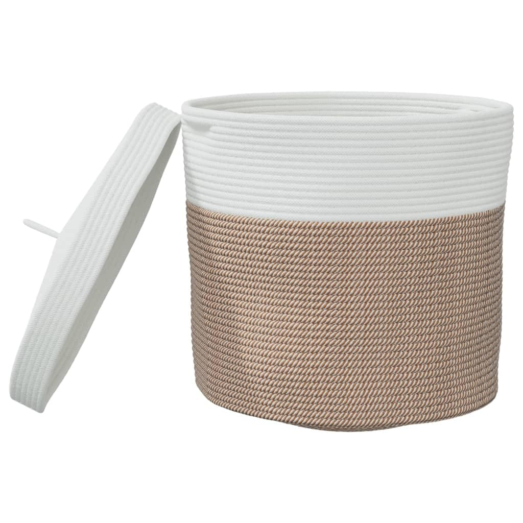 Aufbewahrungskorb mit Deckel Braun und Weiß Ø40 x 35 cm Baumwolle, Flechtkorb für Wohnzimmer Bad Schlafzimmer Küche Flur, Korb Aufbewahrung Deko Organizer für Wäsche Spielzeug Decke Kissen