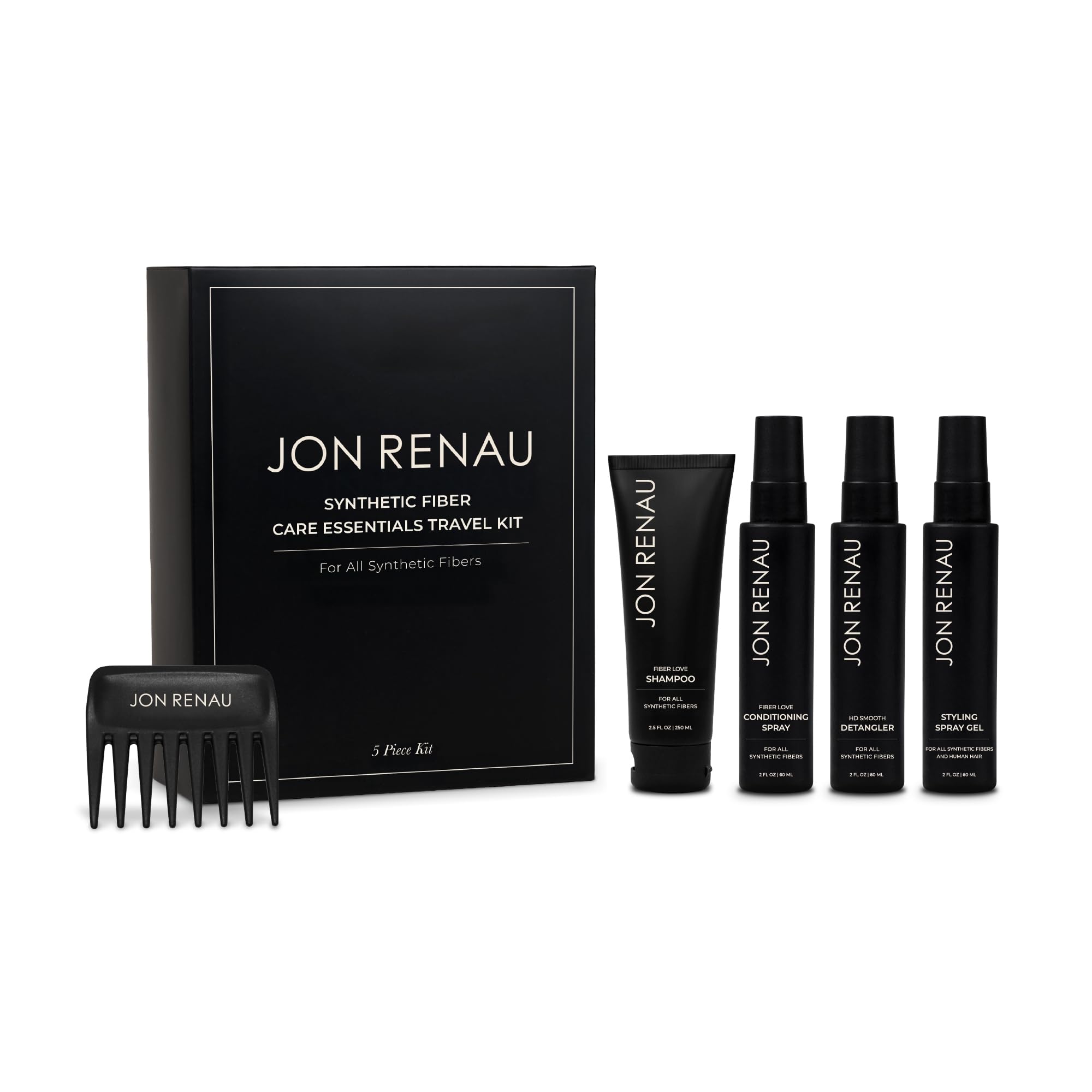 Jon Renau Synthetic Wig Care Travel Kit, 5-Piece Set - Wig Shampoo and Conditioner, Detangler Spray, Styling Gel, Wide Tooth Comb, Travel Sized Synthetic Fiber Care Products Hair Toppers & Extensions 8 Fl Oz (Pack of 1)