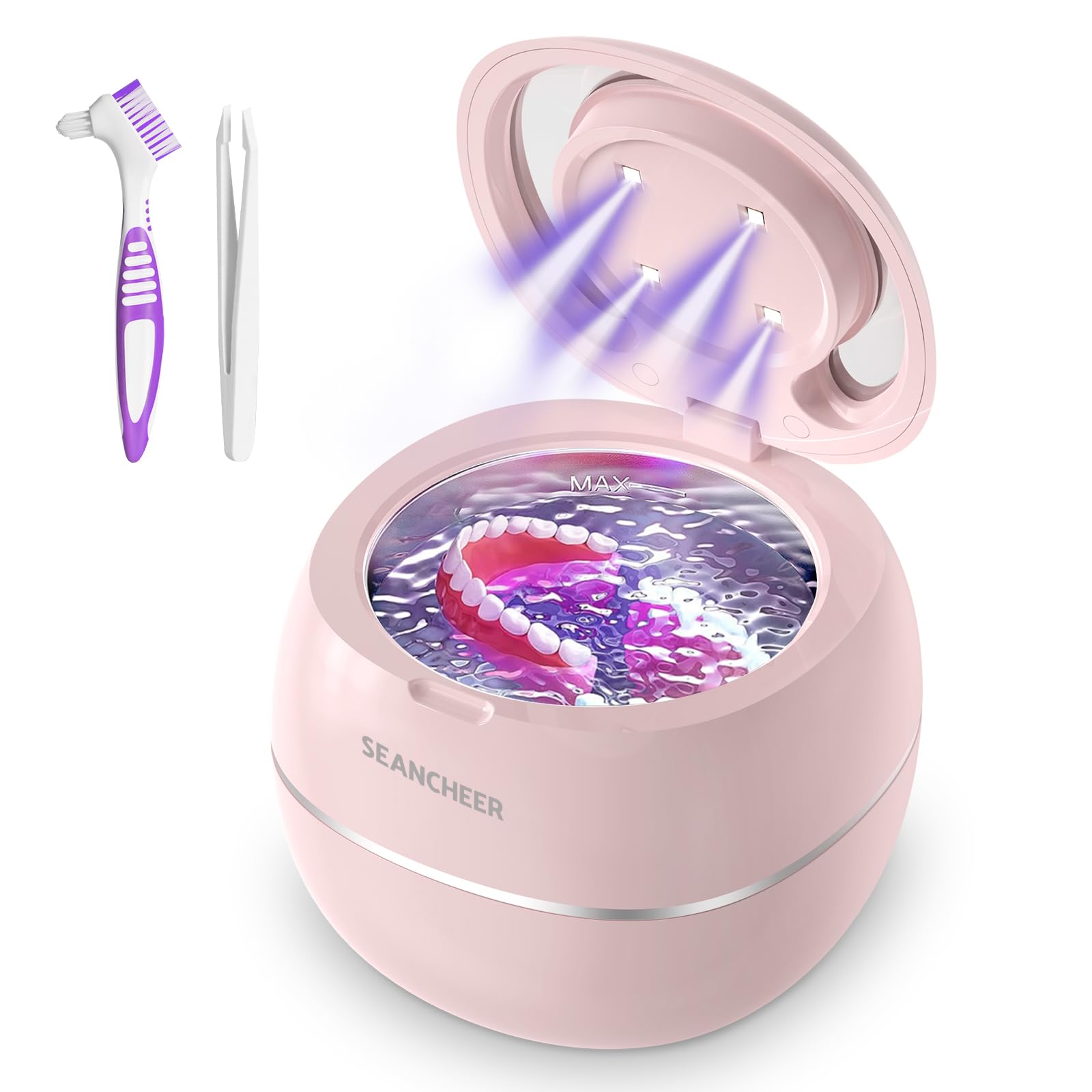 SEANCHEER Nettoyeur Ultrasons 48000Hz Bac Ultrason | 24W | 180ML | Mini Ultrasonic Cleaner Portable avec Lampe UV pour | Prothèses Dentaires | Gouttière Dentaire | Retainer | Bijoux | (Rose)