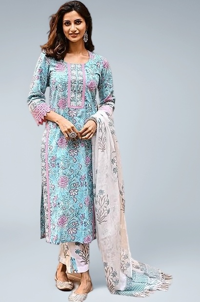 Women's SkyBlue Floral Printed Salwar Suit Set