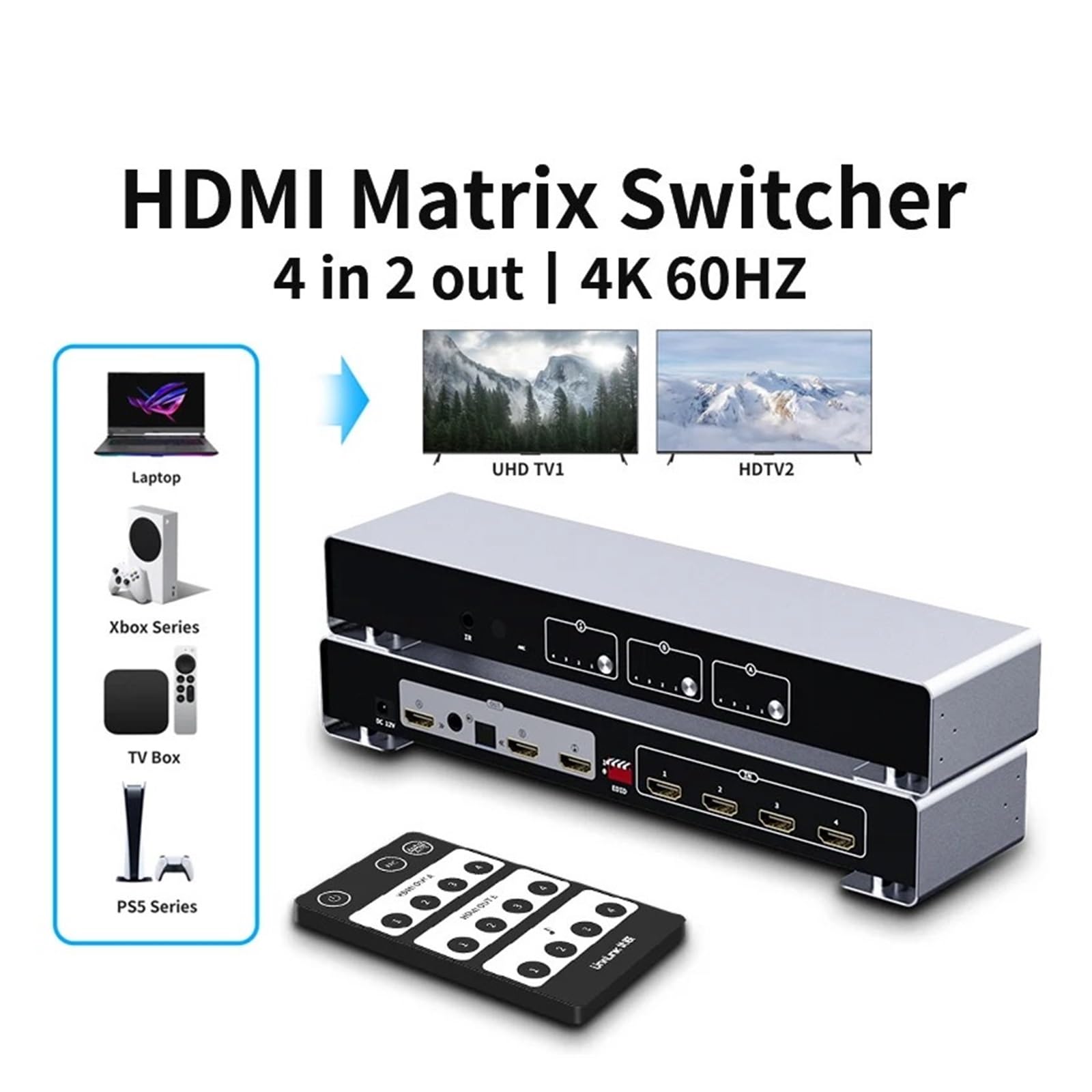 Convertisseur numérique, Séparateur de commutateur vidéo matriciel 4K, 4 en 2 Sorties, avec amplificateur Optique 3.5mm 7.1, extracteur