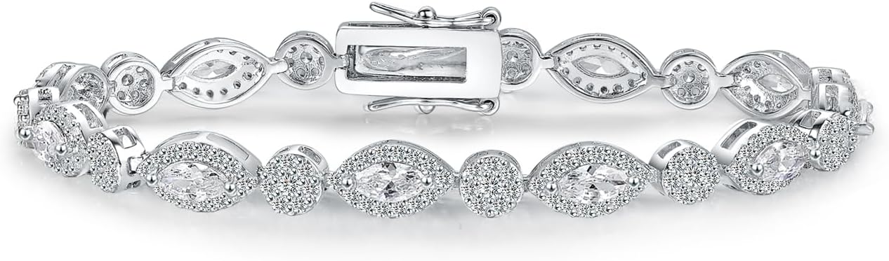 MDFUN Halo Tennis Bracelet for Women 18K White Gold Round and Horse Eye Cubic Zirconias, Size 8.5 inches