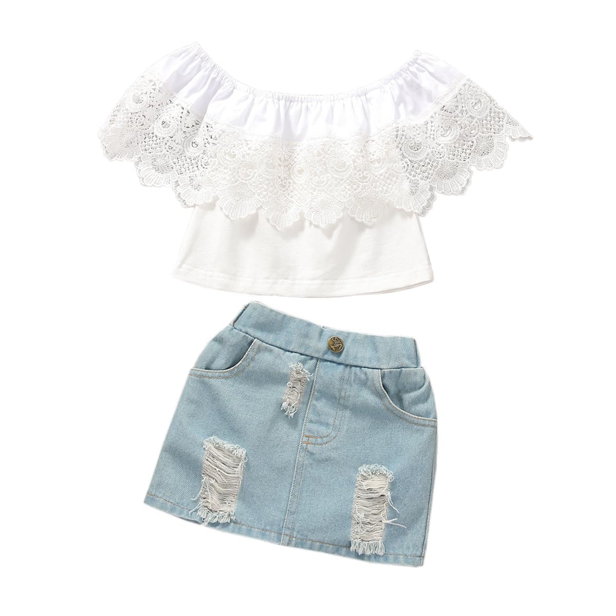 Citridarll Toddler Girl Lace Ruffled Off-Shoulder Crop Tops+ Ripped Jeans Denim Skirt Little Princess Dress Clothes Set 110, 2-3 Years,White