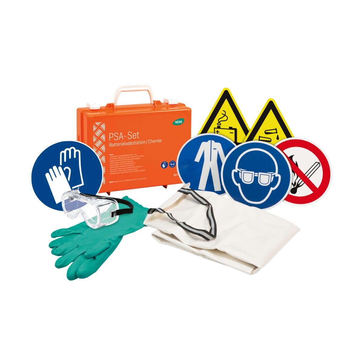 Werotop® 350 Erste-Hilfe-Koffer PSA-Set Batterieladestation/Chemie | mit Chemikalien-Schutzhandschuhen, Schutzschürze, Schutzbrille und Warn- und Gebotszeichen