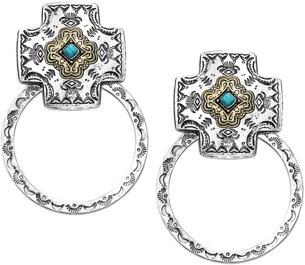 Rosemarie's Religious Gifts Women's Unique Western Style Cross Howlite Center Two Tone Hoop Dangle Earrings, 3"