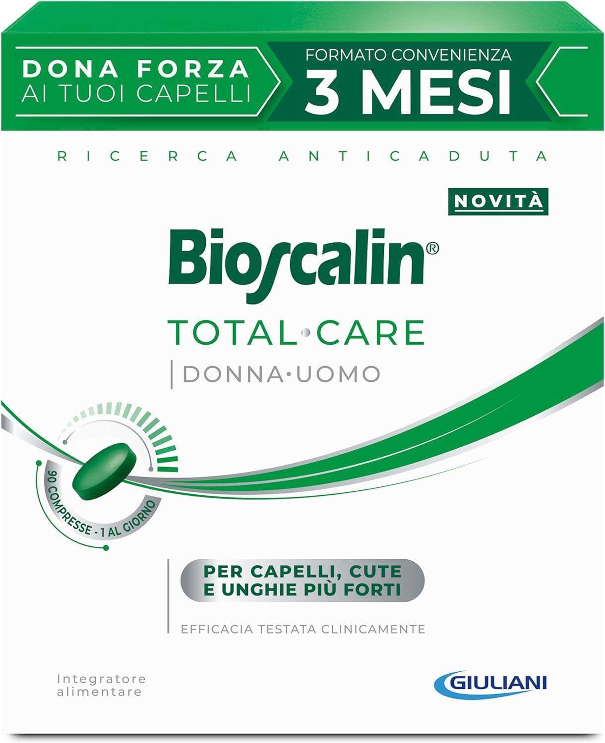 Bioscalin TOTAL•CARE Suplemento alimenticio con activos naturales para el cabello, la piel y las uñas más fuertes, para mujer y hombre, sin gluten, 90 comprimidos