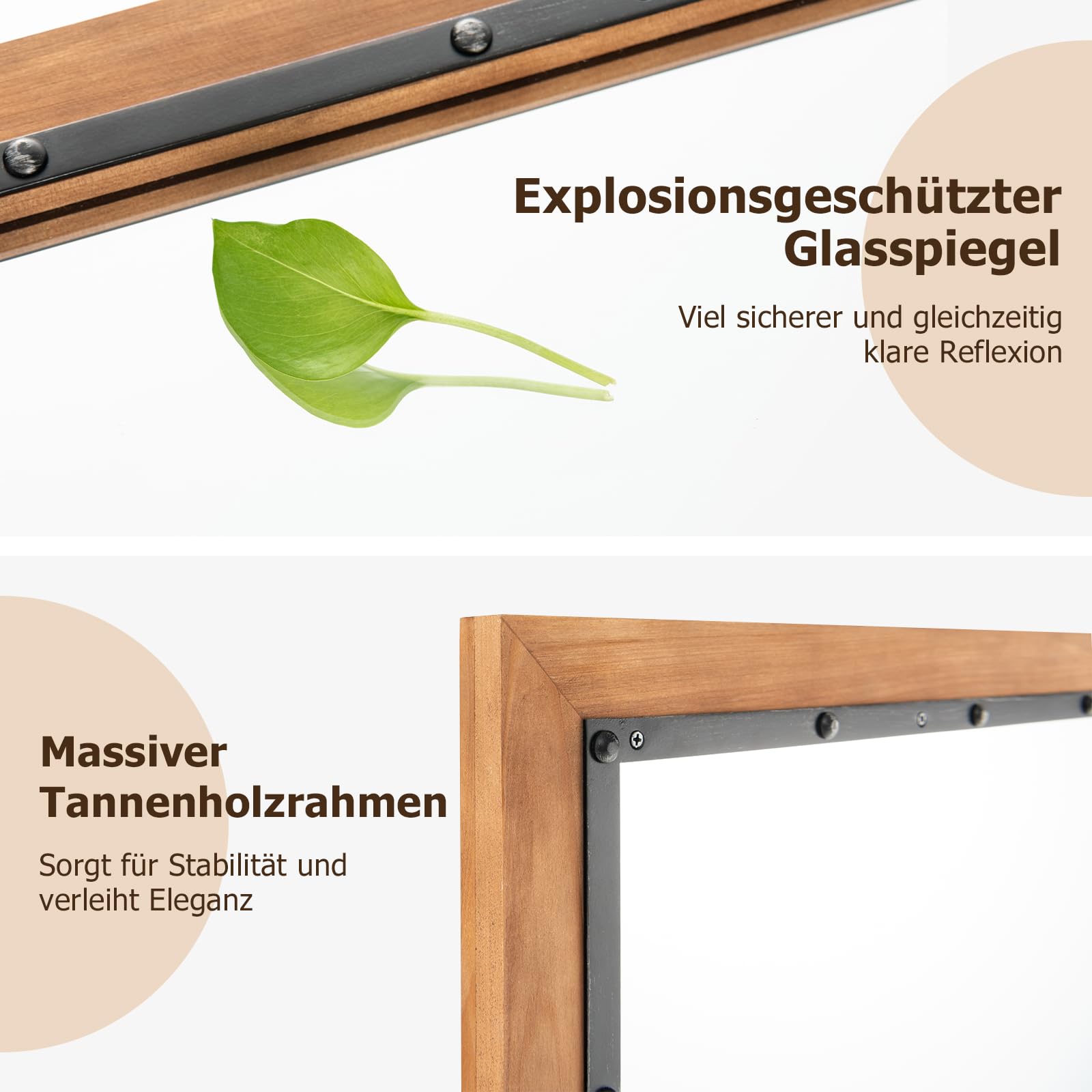 GOPLUS Lustro ścienne, dekoracyjne lustro z drewnianą ramą, prostokątne lustro, wiszące lustro do salonu, łazienki i korytarza, naturalne (55 x 90 cm)
