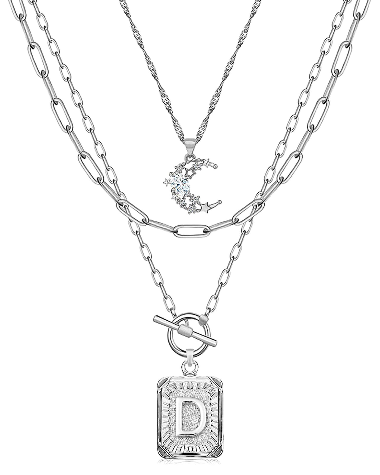 MJartoria Layered Initial Necklaces for Women Trendy, 14K Gold Plated Brass Simple Moon Choker Square Letter Pendant Necklace, Paperclip Chain Necklaces Jewelry Gifts