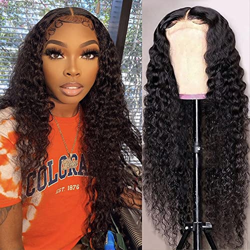 Lace front wigs Human Hair 4X4 Water Wave Lace Closure Brazilian 150% Density Virgin Human Hair Wigs Pre Plucked with Baby Hair Human Hair Natural Black Color Wigs for Black Women 22Inch