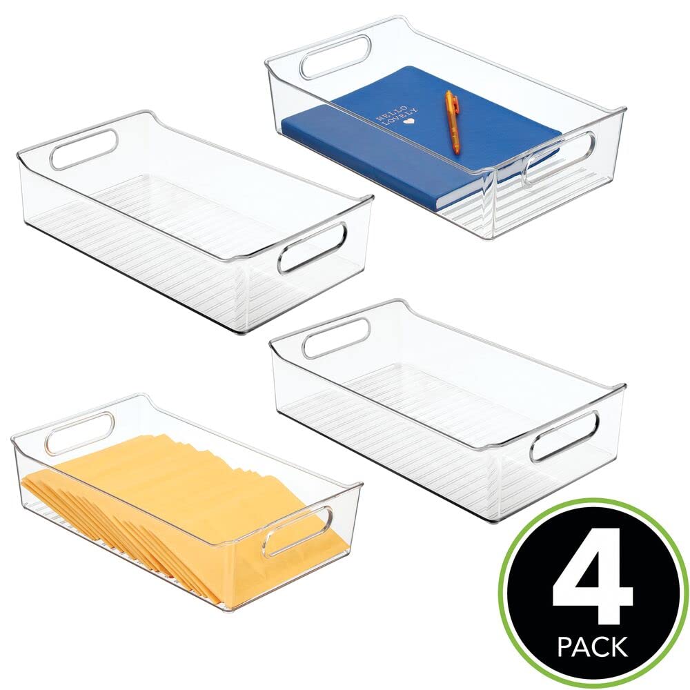 mDesign Organizer ufficio – Contenitore portaoggetti in plastica con manici per ufficio e casa – Box in plastica ideali per penne, matite, timbri e cancelleria – Set da 4 – trasparente