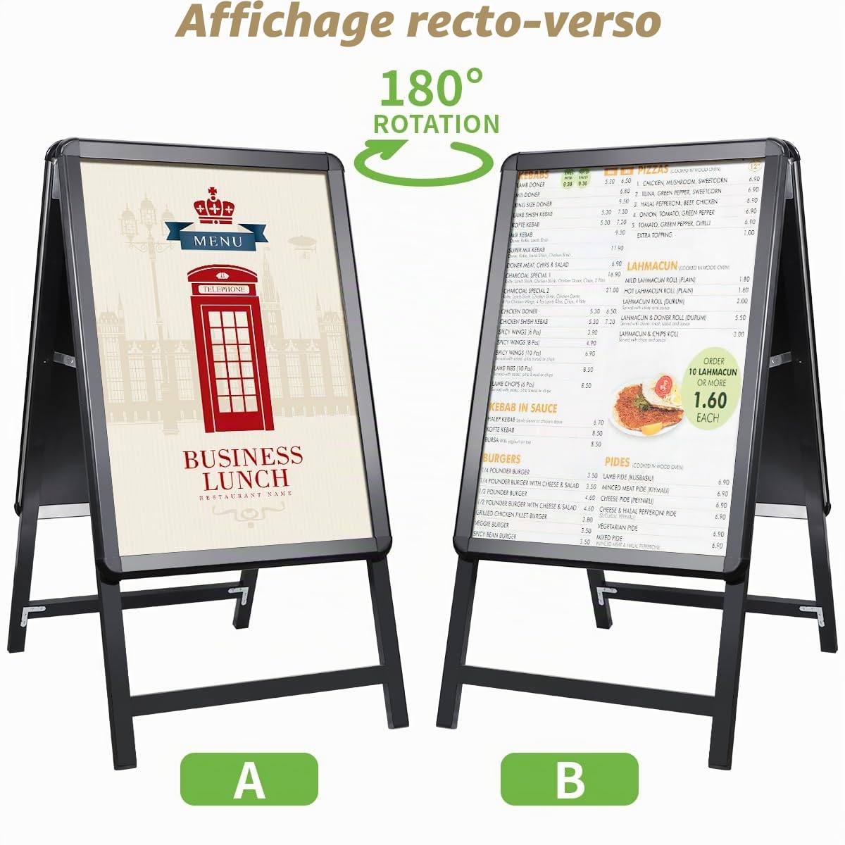 Support Affiche Double Face Extérieur - Panneau Publicitaire A2 en Aluminium pour Menu de Restaurant, Stop Trottoir - Noir