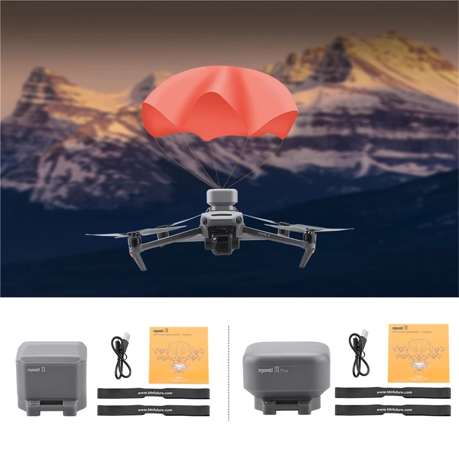 Paracadute riutilizzabile Manti 3, compatibile con DJI Mavic Air 2 2S Mavic 3 Migliora la sicurezza del drone con telecamera RC Quadcopter Rallenta la velocità di caduta(Orange)