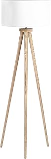 Beliani Lámpara de pie poli algodón blanco 142 cm paras de madera clara de roble trípode pantalla en forma de tambor estil...