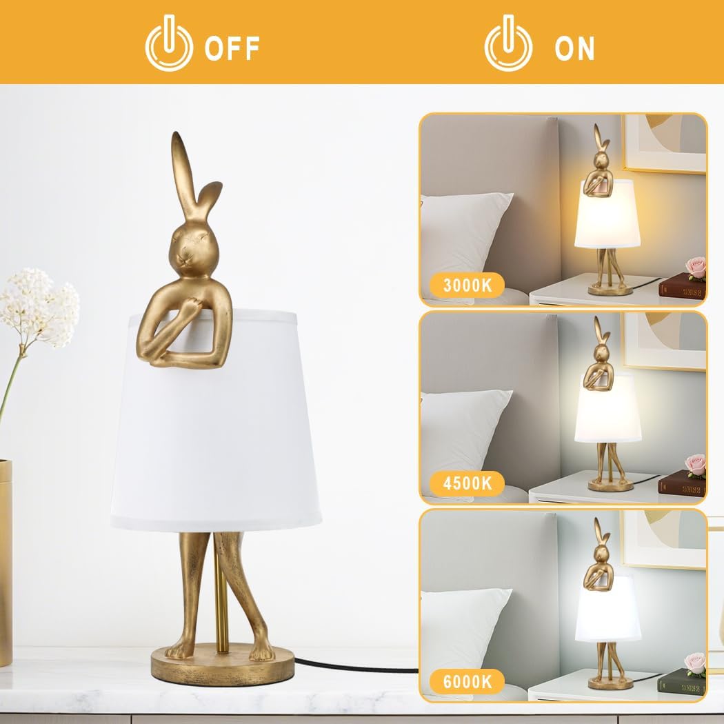 25.98"Bunny Bedside Table Lamp,Cute Resin Animal Rabbit Lamp,Novelty Gold Desk Lamps for Bedrooms White Linen Shade,Reading and Decorative Lighting Nightstand Lamps,Funky Holiday or Birthday Gifts