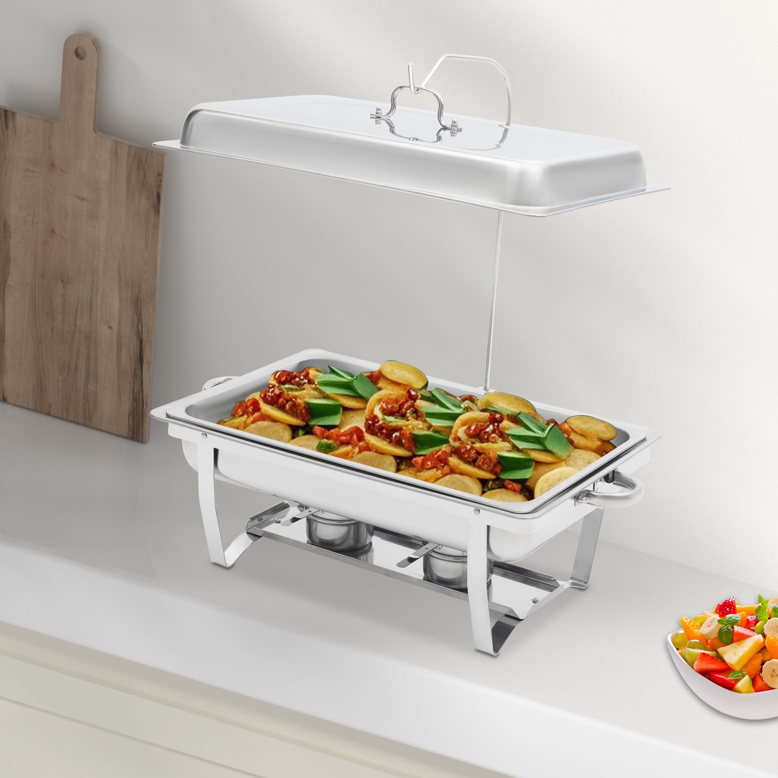 Serbatoio per cibo, scalda 7 l, rettangolare, per catering, con coperchio rimovibile e ferri da appendere, scaldavivande Chafing Dish per alimenti, scalda buffet, argento