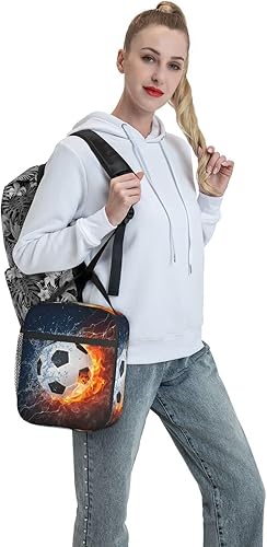 Miniatura 7 de Bolsa de almuerzo con balón de fútbol en fuego, lonchera aislada, reutilizable, impermeable, portátil, para hombres y mujeres