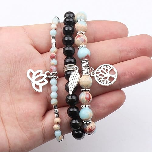 Miniatura 4 de UEUC - Pulseras Reiki, apilables, de piedras curativas, cristales, con dije del árbol de la vida, yoga y hoja de loto, contra la ansiedad y para el