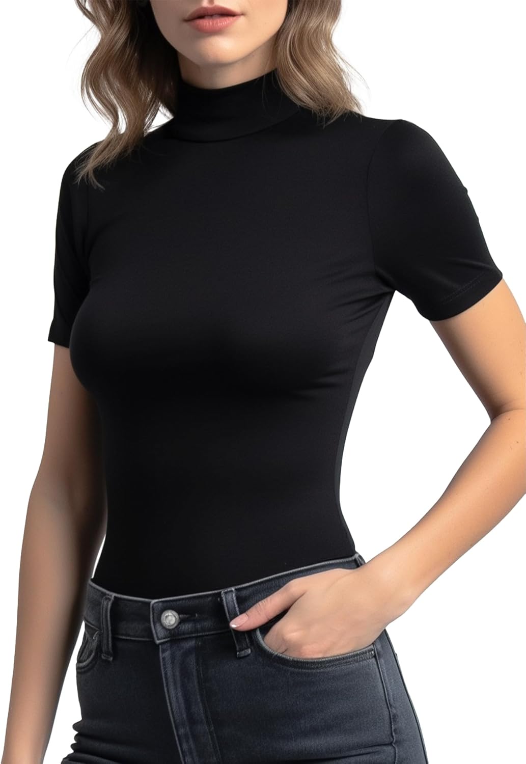 Mock Turtleneck Short Sleeve Tops for Women, Mock Neck Fitted T-Shirt Flowey Print Baselayer Office Tee