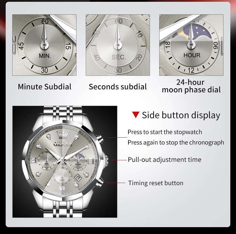 Image of OLEVS Watch for Men Luxury Gold Diamond Chronograph Business Wristwatch with Analog Quartz, Date Calendar, Stainless Steel Band, Luminous Hands, Waterproof