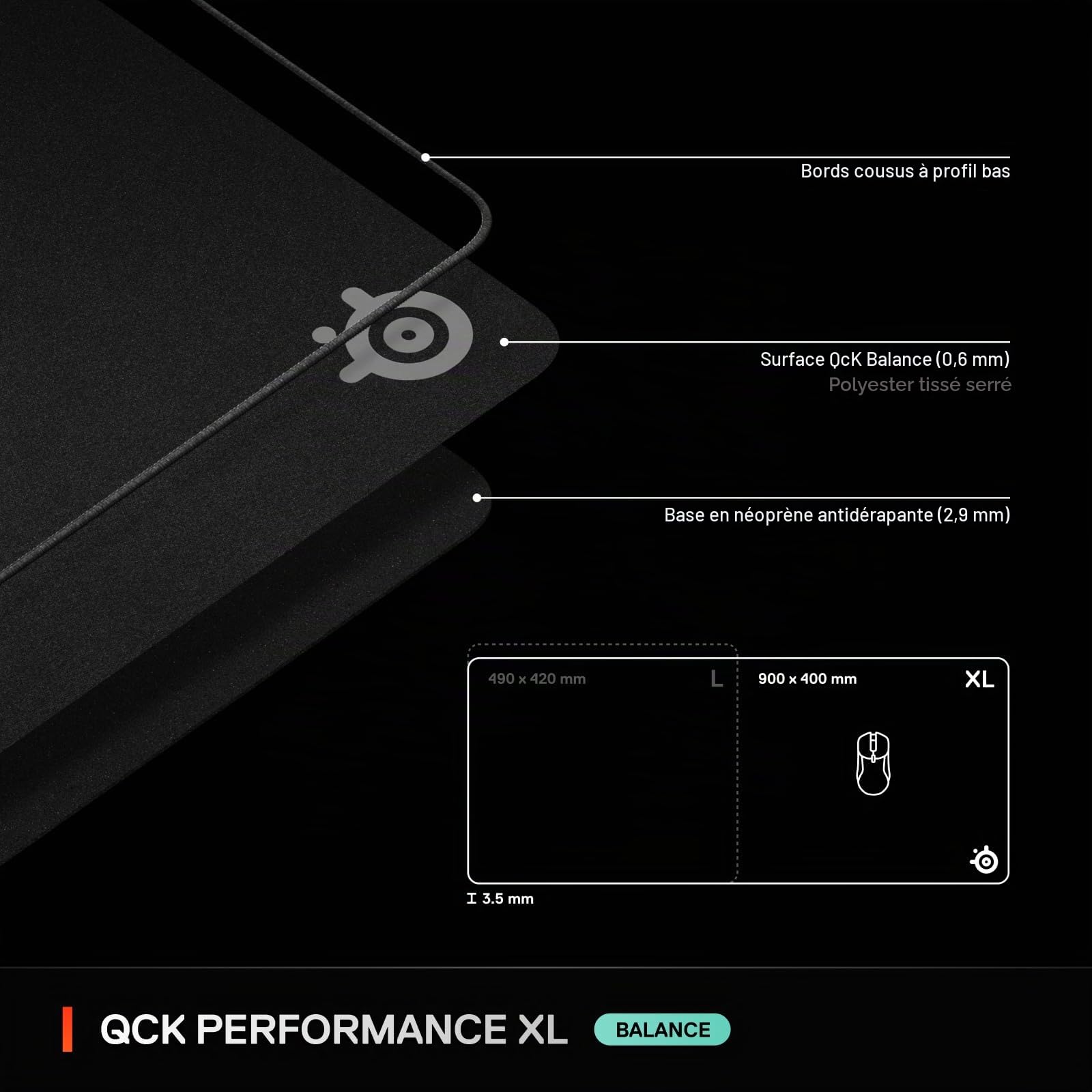 SteelSeries QcK XL Performance Balance Tapis de Souris de Jeu — Densité supplémentaire pour Une Glisse Fluide — Coutures discrètes — Base en Caoutchouc néoprène antidérapant — 40 x 87,5 cm — FPS