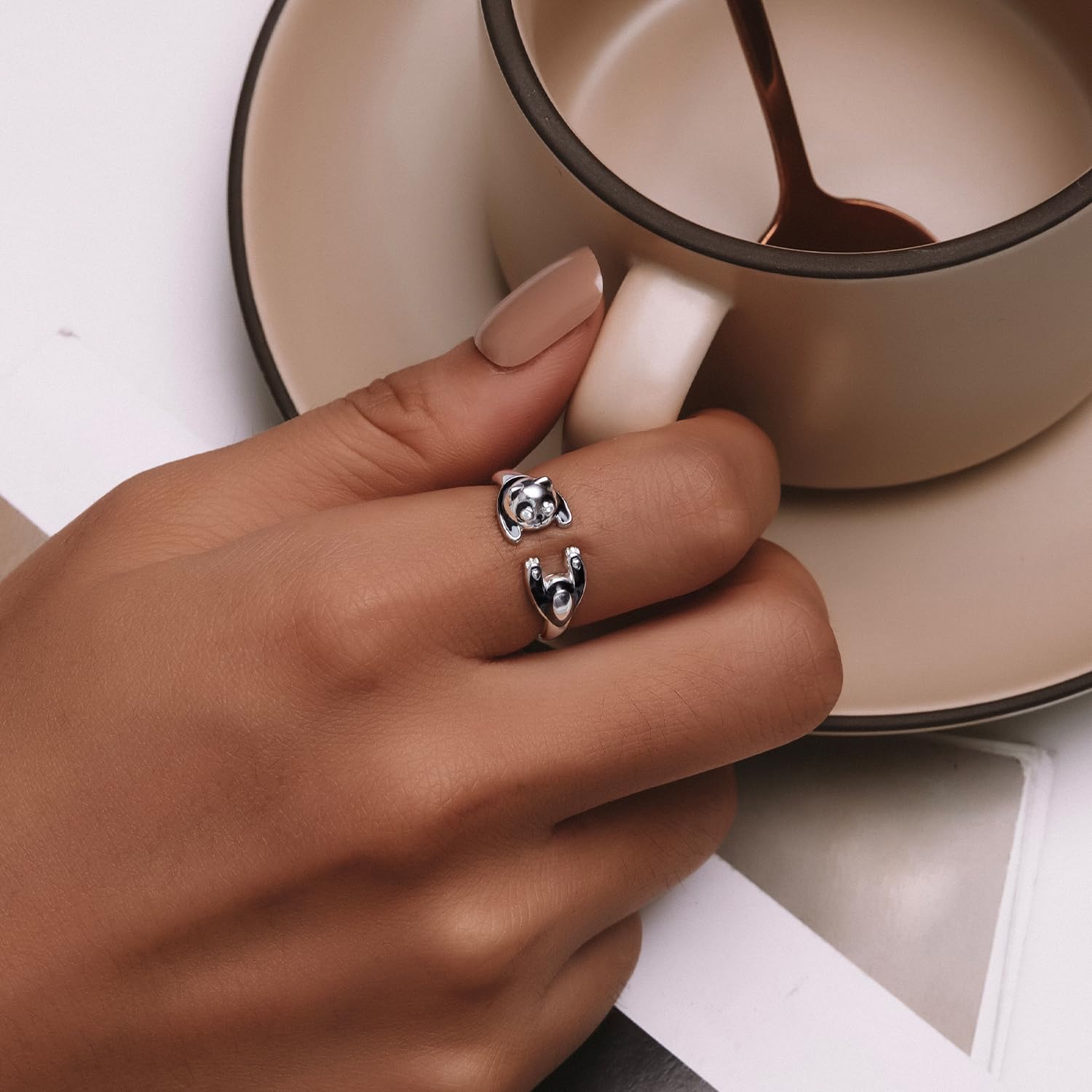 Panda-Ring aus 925er-Sterlingsilber, niedlicher Tierring, Verstellbarer offener Ring, Panda-Schmuck, Geschenk für Frauen und Mädchen