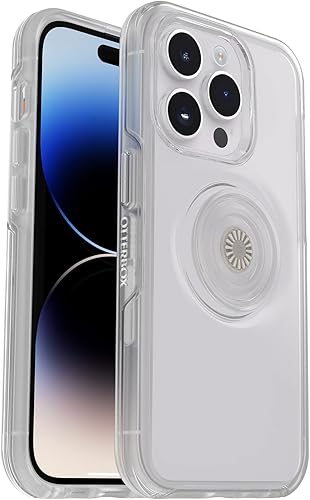 OtterBox Funda transparente para iPhone 14 Pro Max (solamente) Otter + Pop Symmetry Series - PopSockets PopGrip transparente, integrado, delgado,
