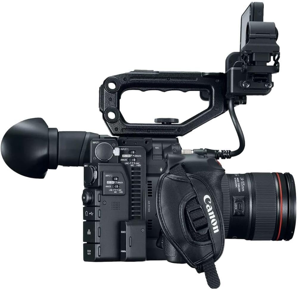 Side view of Canon EOS C200 EF Cinema Camera showing various controls and ports